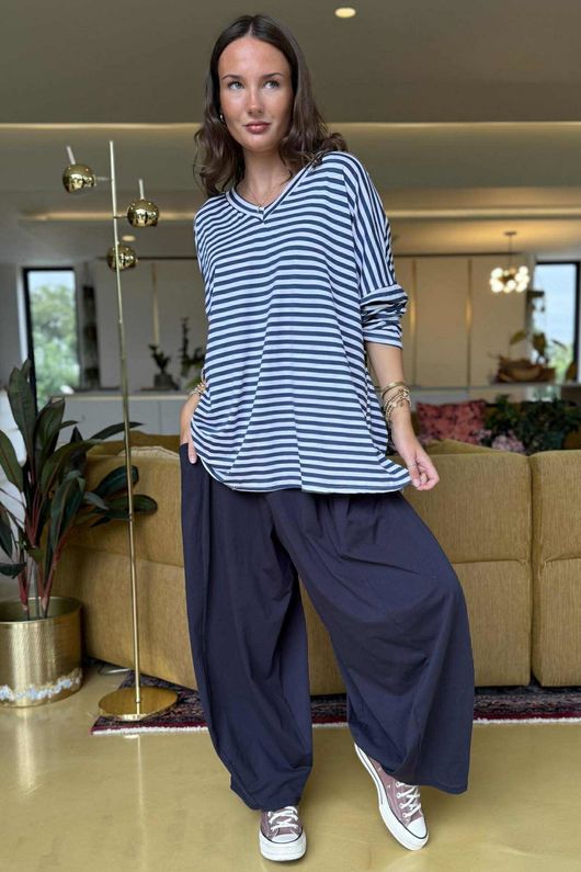 Made in Italy Perfect Breton V Long Sleeve Top Dark Denim - ** 